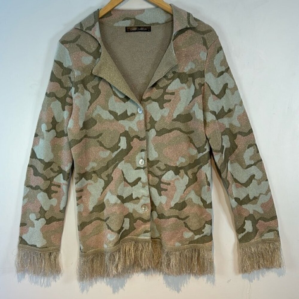 Gabby Isabella Camo Print Metallic Fringed Cardigan Size Small - Picture 2 of 11